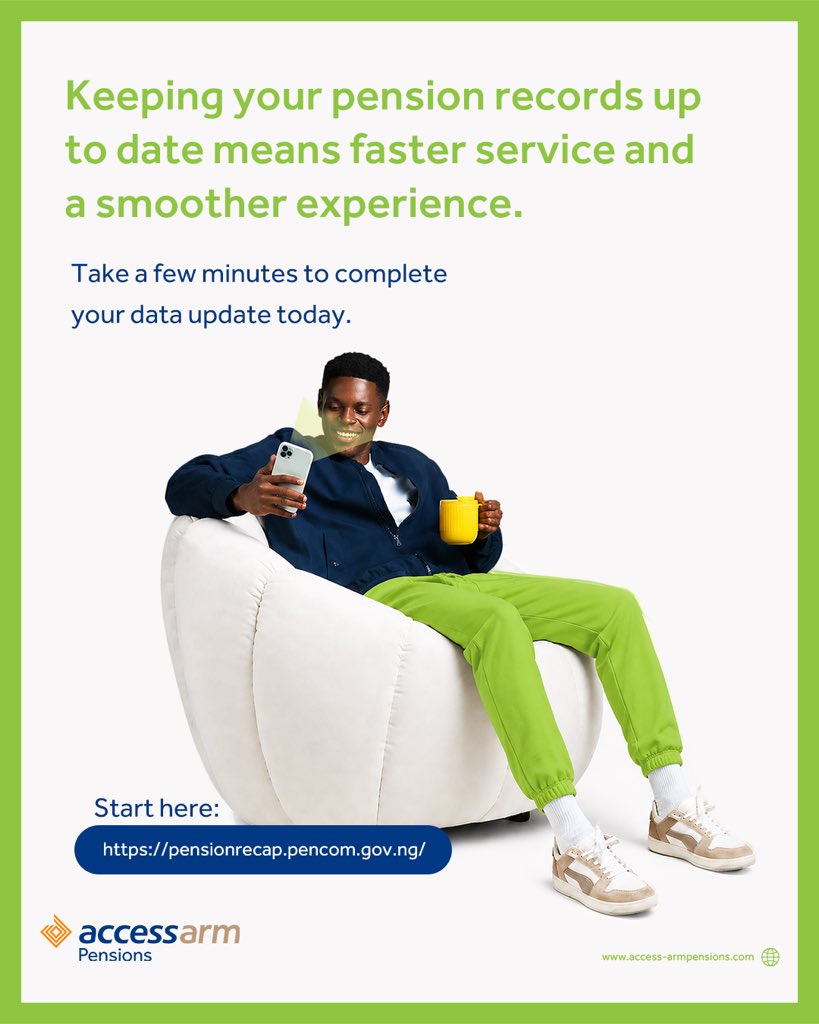 access_arm's tweet photo. Keep your data up to date for faster benefit processing when it matters most. Complete your recapture on the new portal in just a few minutes for a smoother experience.
Need help? Send us a DM.
#AccessARMPensions #PENCOM #DataRecapture #PensionsMadeEasy https://t.co/enLhg4TEQB