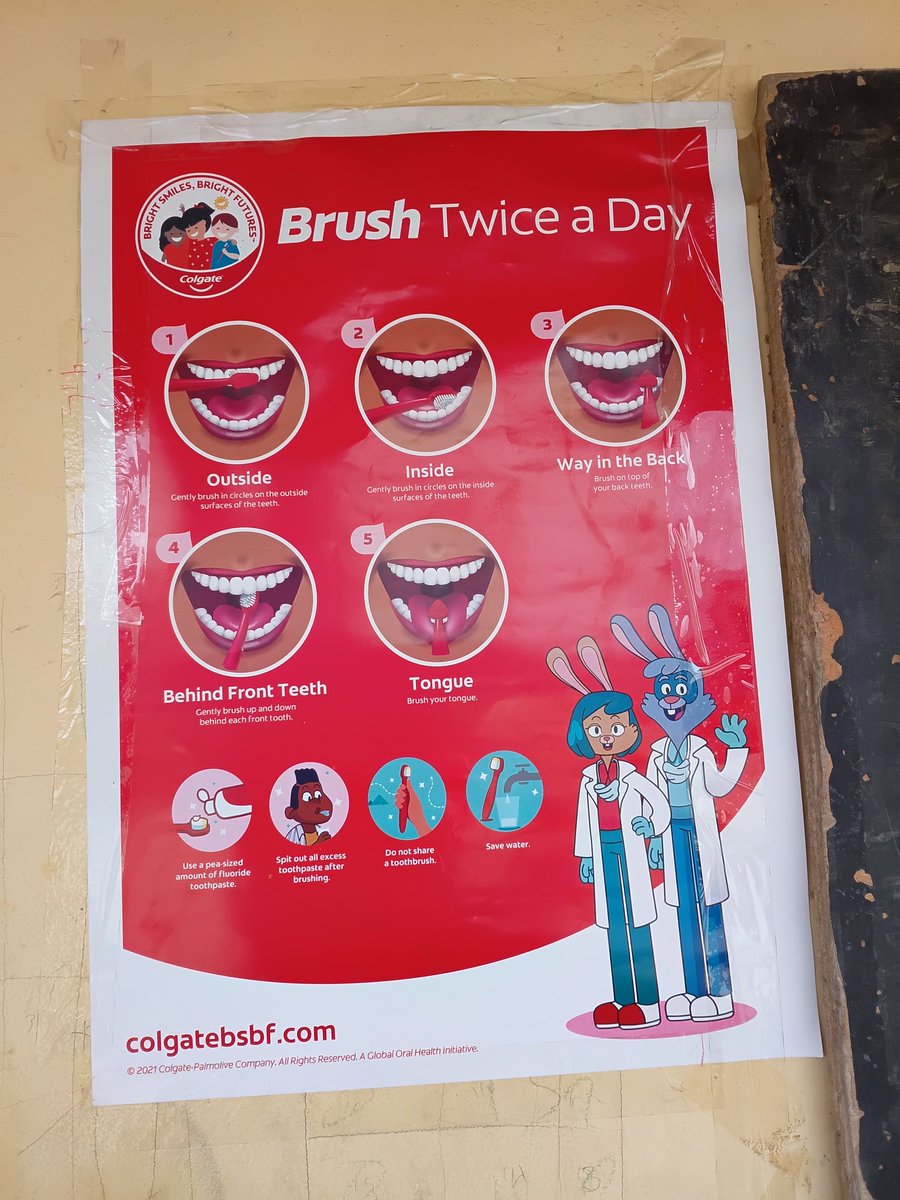 Health_Bloom212's tweet photo. Remember Augustina’s note? She thanked us for teaching her how to brush. Thanks to Colgate she has this beautiful guide on her school wall to make sure she never forgets how to protect her smile! 
This is the health club in action turning a one day session into a lifelong habit. https://t.co/75CBkZY0eN