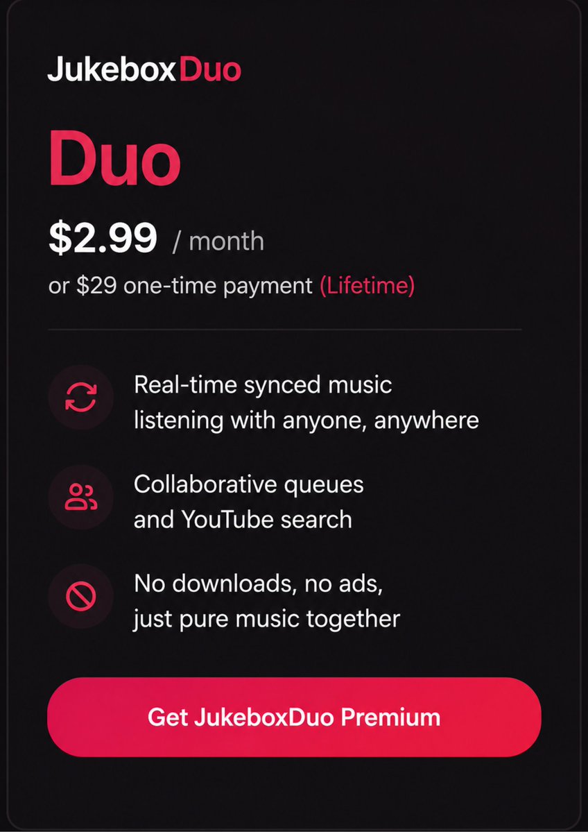 Jukeboxduo_app's tweet photo. Spotify: $18.99/month
Apple Music: $10.99/month
Tidal: $10.99/month
Jukebox Duo: $29 once. Forever.
And your friends join every room completely free.
#SpotifyAlternative #MusicLovers