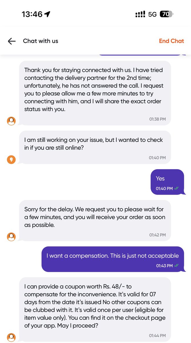 RohanMuzumdar's tweet photo. A delay of over an hour. 
And a compensation that too after asking
Of 48 rs from Swiggy! 
Wow 

@Swiggy @SwiggyCares @jagograhakjago @aajtak @ndtvindia https://t.co/75ZU9KTGdu