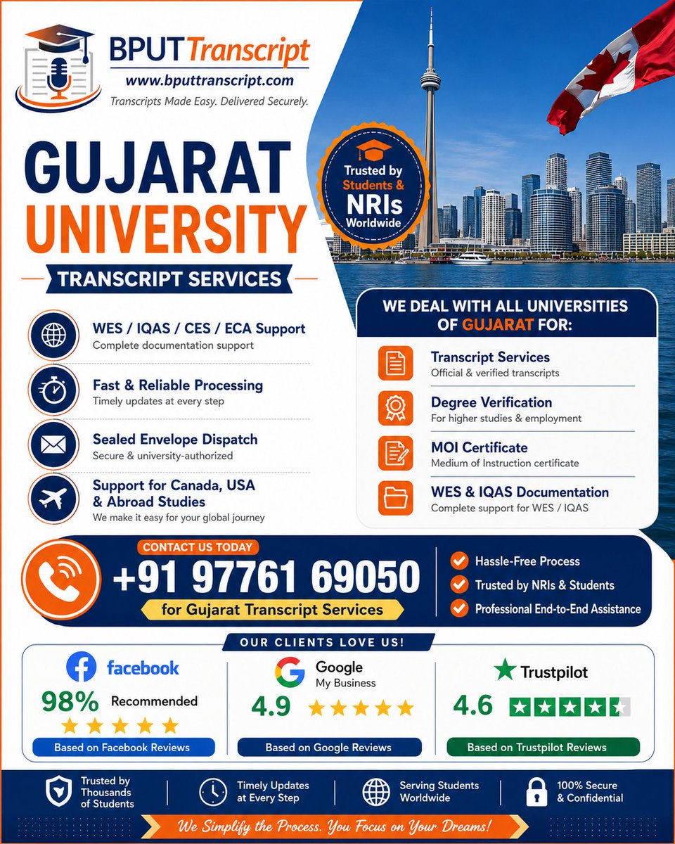 bput_transcript's tweet photo. 🎓 Gujarat University Transcript Services – Fast, Secure &amp; Reliable
📞 Call Now: +91 97761 69050
🌐 Visit: https://t.co/SKfSXtrdyU
#GujaratTranscriptServices #WESEvaluation #IQAS #TranscriptServices #CanadaStudyVisa #DegreeVerification #MOICertificate #StudyAbroad #NRIStudents https://t.co/wovPGcWqZk