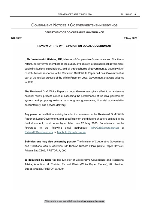 zsszonyane's tweet photo. 🔊 #WPLG #Alert 🔴 

The Gazette on the 2026 White Paper on Local Government #2026WPLG is out for further comments. Don't miss this golden opportunity offered by @NationalCoGTA before the document is submitted to @ParliamentofRSA.

Download the gazette via - https://t.co/KYm2ClWX3X

Due 📅: 28 May 2026