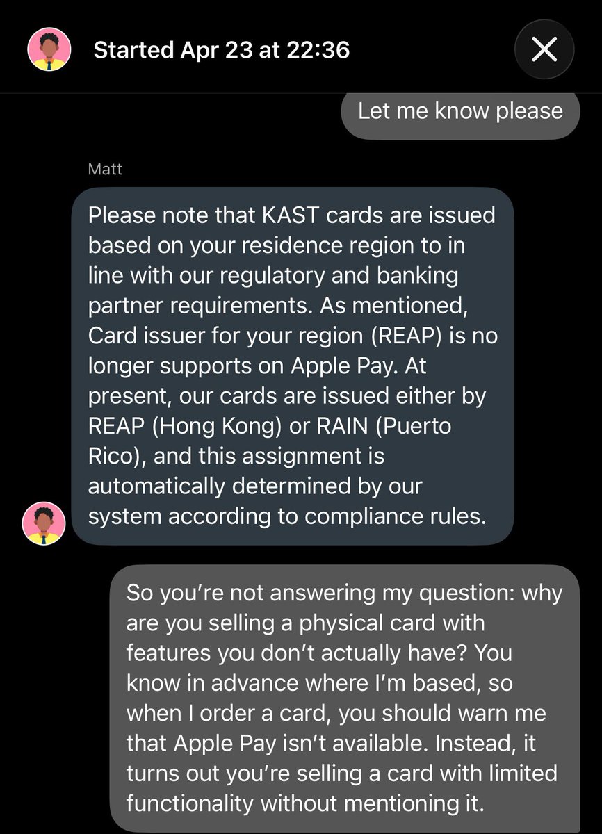 OxBe9A's tweet photo. I want to warn anyone considering getting a @KASTxyz crypto card. They’re providing inaccurate information about Apple Pay support for their cards. You might end up paying $40 for a card that claims to support Apple Pay, but in reality, it won’t - just like what happened to me. https://t.co/fFCUvtiGfE
