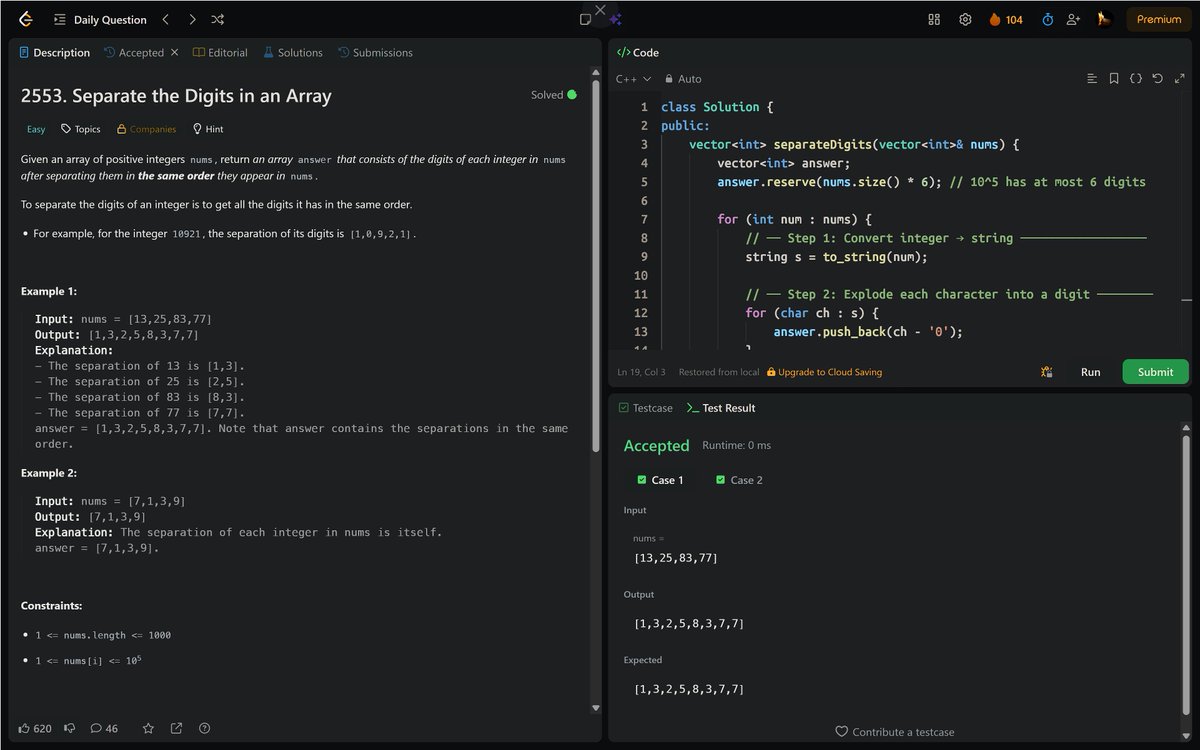 PankajB42550's tweet photo. 🚀 Solved: Separate the Digits in an Array (@LeetCode #Daily)

Convert each number to string, then extract digits one by one into result array.

⌛O(n × d) | O(n × d)
🔥 #Day104/100

#LeetCode #DSA #Array #String #Simulation #ProblemSolving #CPlusPlus https://t.co/RFvGbEh0xu