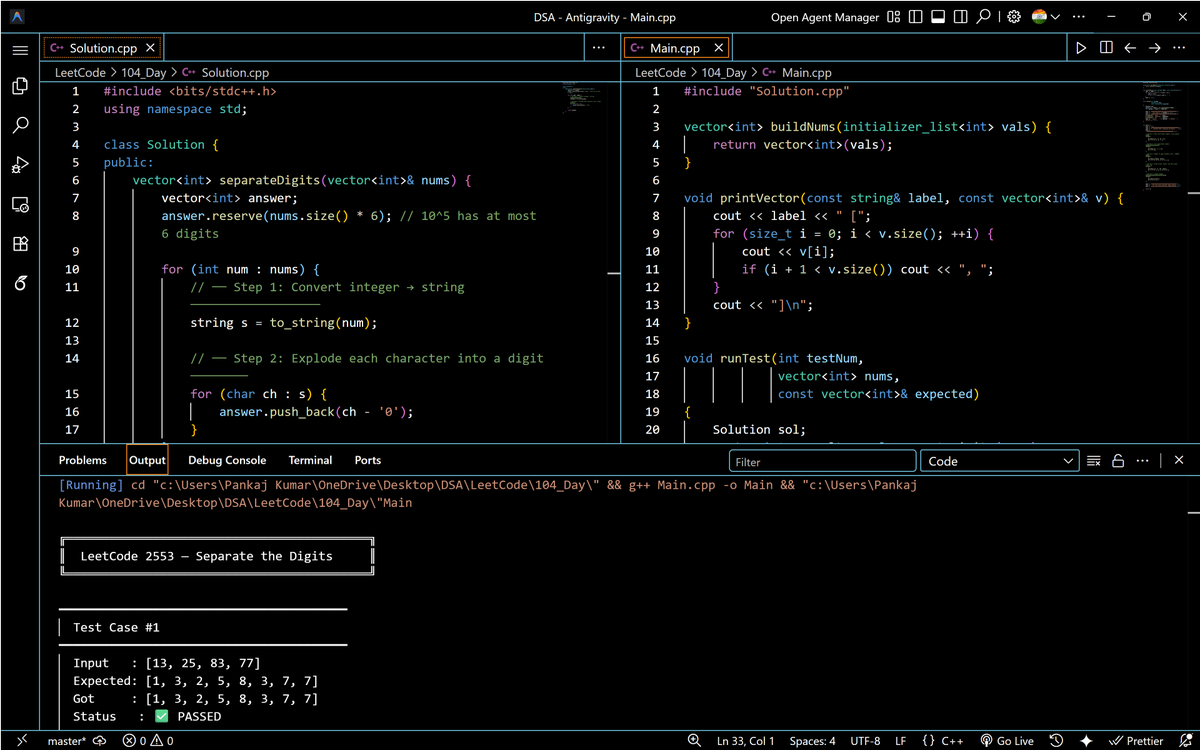 PankajB42550's tweet photo. 🚀 Solved: Separate the Digits in an Array (@LeetCode #Daily)

Convert each number to string, then extract digits one by one into result array.

⌛O(n × d) | O(n × d)
🔥 #Day104/100

#LeetCode #DSA #Array #String #Simulation #ProblemSolving #CPlusPlus https://t.co/RFvGbEh0xu