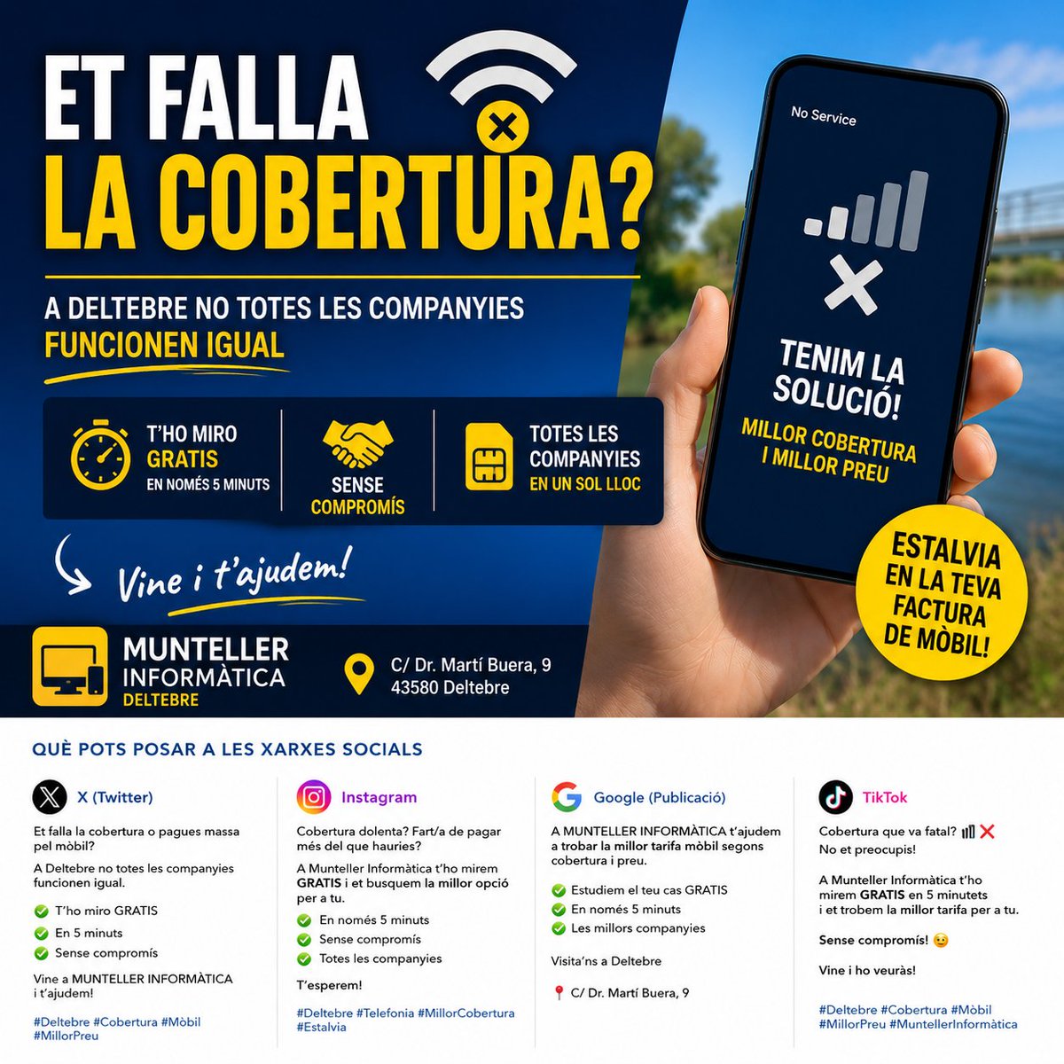 JMunteller's tweet photo. 📶 ET FALLA LA COBERTURA?

A Deltebre no totes les companyies funcionen igual 👇

👉 A MUNTELLER INFORMÀTICA t’ajudem a trobar la millor opció per tu
👉 Revisió GRATIS
👉 En només 5 minuts
👉 Sense compromís

📍 Vine a la botiga i t’ho mirem tranquilament 😊 https://t.co/lxvv9QuDha