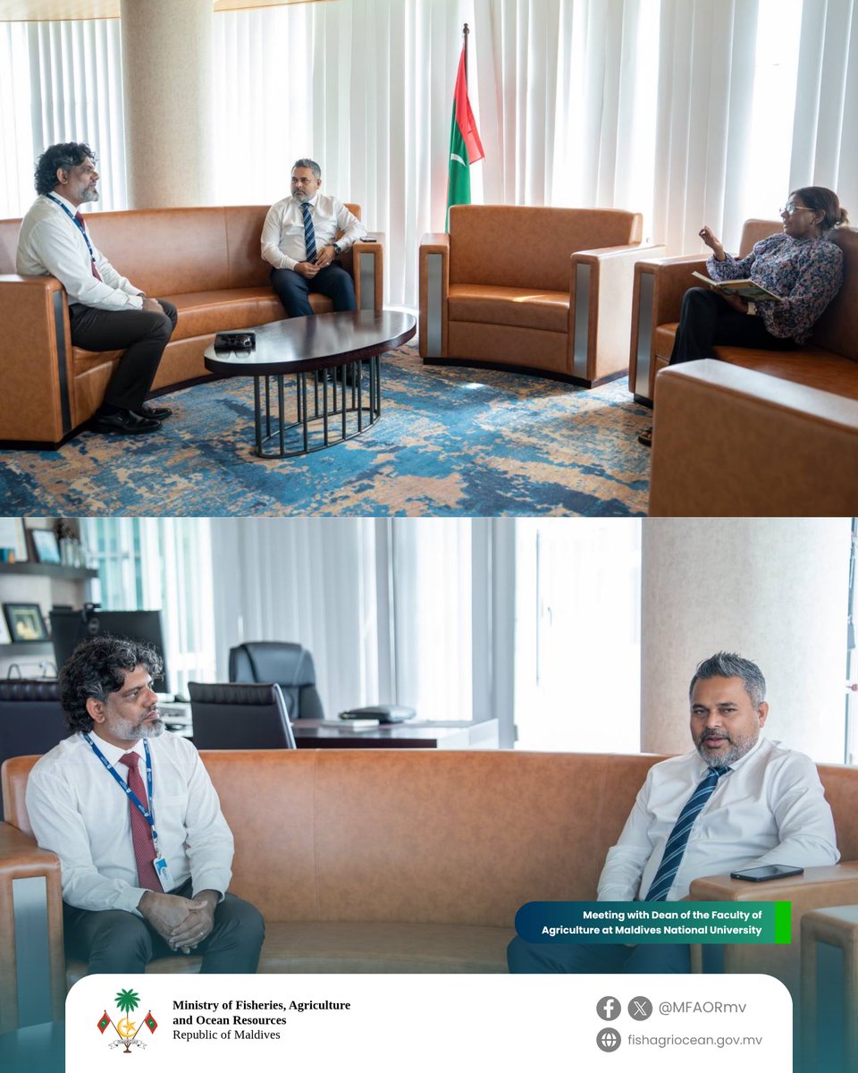 MFAORmv's tweet photo. Minister @Shiyamaldives met with Mr. Ibrahim Shabau, the newly appointed Dean of the Faculty of Agriculture at Maldives National University.

Discussions focused on strengthening agricultural education and adaptive research to enhance local food production, with particular emphasis on technology-driven and climate-smart agricultural practices. Both the Minister and the Dean highlighted the importance of advancing national agricultural education and expressed appreciation to H.E. President Mohamed Muizzu for his visionary leadership in establishing the Faculty of Agriculture at the national university.