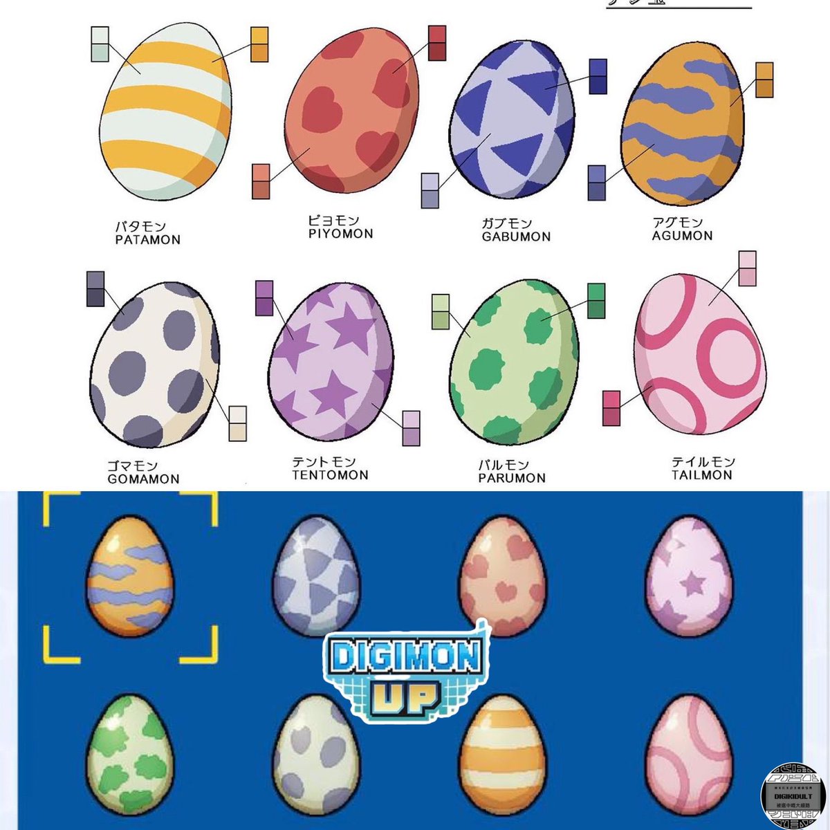 new game "#DigimonUp": Its interface for selecting partner Digital Eggs shows that the first 8 eggs correspond to the Digital Eggs of the main characters from the TV Digimo  Adventure, as noted by a keen-eyed fan.