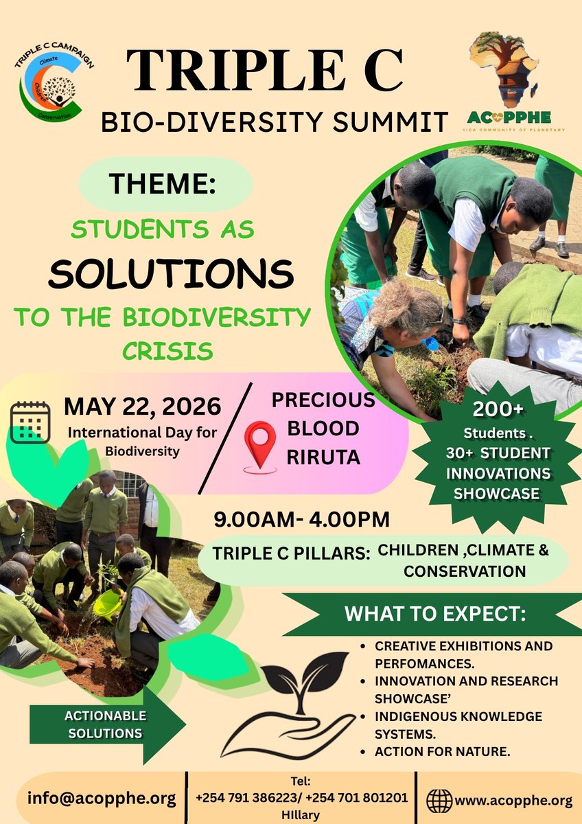 acopphe's tweet photo. The biodiversity crisis threatens kids most, yet youth voices are sidelined.
@acopphe 's Triple C Biodiversity Summit 2026 flips this: SAYS 2 BC puts 200+ Kenyan students as solution leaders.
May 22 at Precious Blood Riruta. #SAYS2BC 
Register 👇 https://t.co/HTKErNMD6o