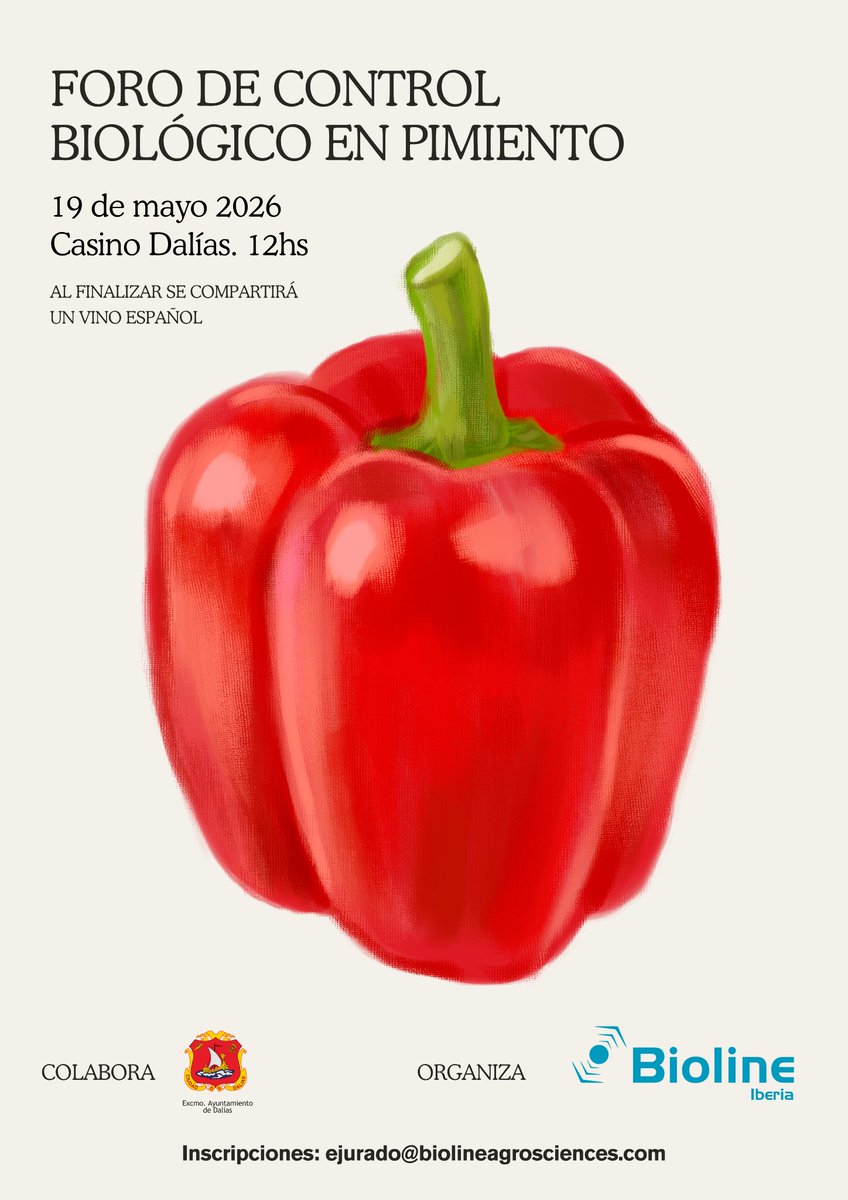 BiolineI's tweet photo. 🌶️🌱 Foro de Control Biológico en pimiento temprano – Dalías 🌱🌶️

📅 19 de mayo de 2026
📍 Casino de Dalías
🕛 12:00 h

📩 Inscripciones: ejurado@biolineagrosciences.com https://t.co/LU6gCKmDJK