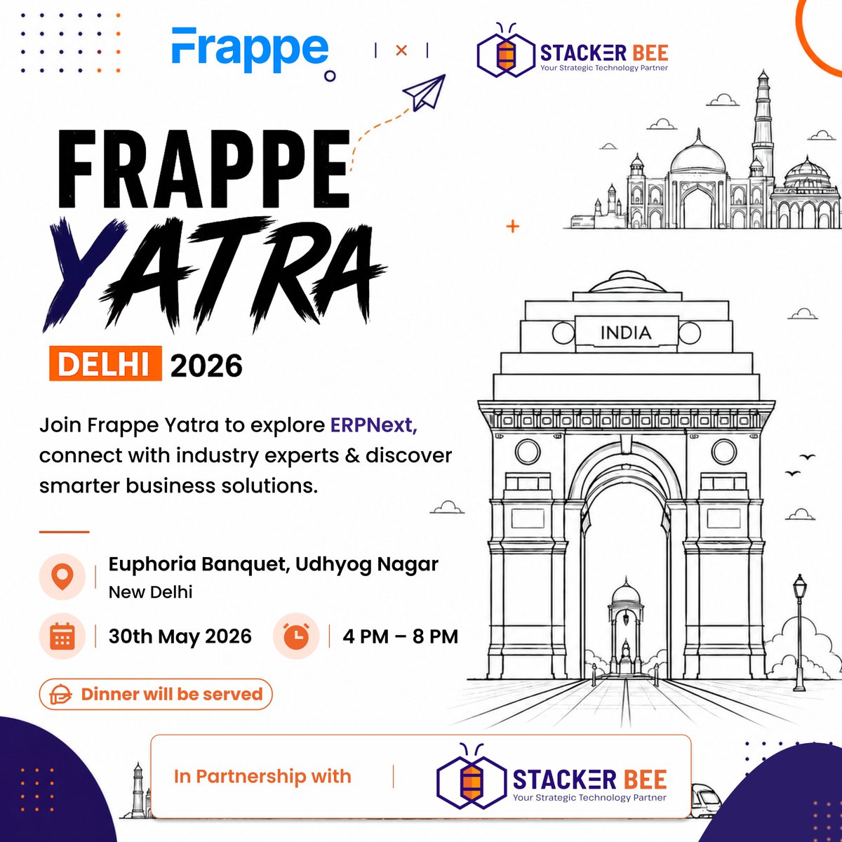 stackerbeelive's tweet photo. Delhi, get ready for Frappe Yatra 2026! 🚀

Join @stackerbeelive for an evening of ERPNext insights, networking and smarter business solutions. 

See you on 30th May in New Delhi!

#FrappeYatra #ERPNext #Stackerbee https://t.co/0hN4XTDal6