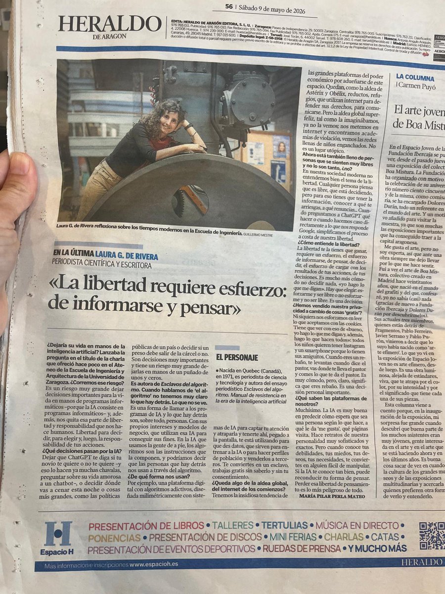 LauraGDeRivera's tweet photo. Esta entrevista en la contraportada del @heraldoes  retrata el alma de Esclavos del algoritmo (@debatelibros): cada uno de nosotros es responsable de conquistar su libertad. O de renunciar a ella. La libertad es, en realidad, una cualidad interna. Gracias @PilarPerla #IA https://t.co/FBwdAG8jgO