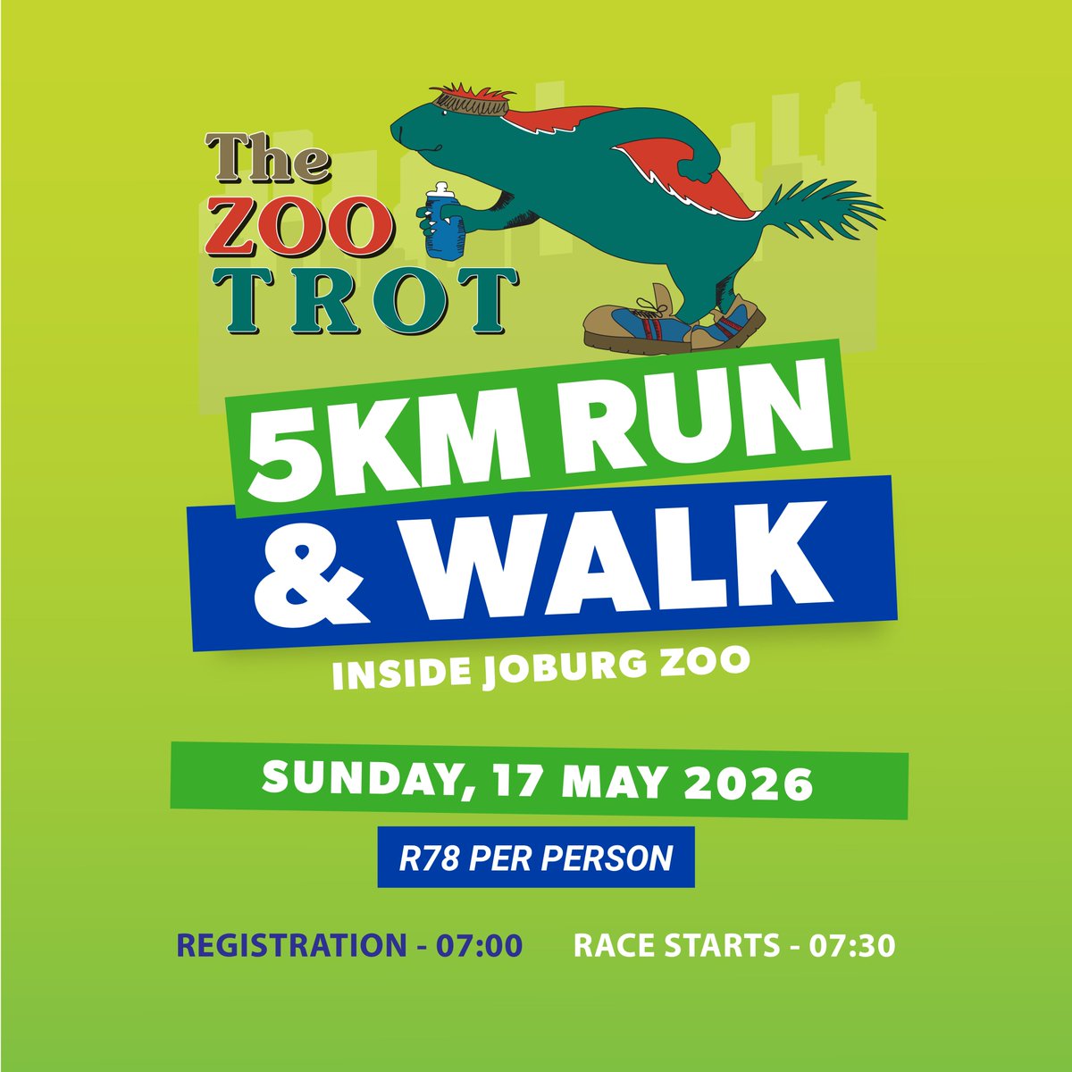 JoburgParksZoo's tweet photo. Lace up your running shoes and join us for another fun installment of the #zootrot
🎟Tickets are available at  Webtickets
https://t.co/5PdyJFEhH2
See you on Sunday!
#Funwalk #explorejoburg #zootrot #joburgzoo #HealthisWealth https://t.co/taZdnvRLBv