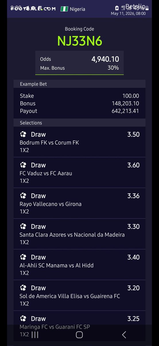 DOUGLASkengere1's tweet photo. NJ33N6

My mind is telling me this 4k odds is the right move, games starts by 5pm, I will observe early fixtures first https://t.co/qLyHPmx5Zd