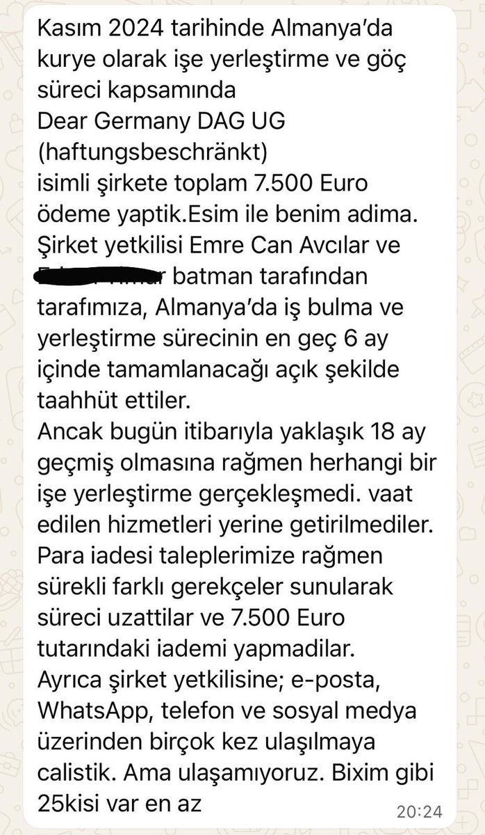 emrullaherdinc's tweet photo. 🔴İş Vaadiyle Binlerce Euro Topladılar

Almanya’da iş ve oturum vaadiyle bir şirkete 7 bin 500 Euro ödeme yaptıklarını söyleyen çift, aradan 18 ay geçmesine rağmen işe yerleştirilmediklerini öne sürdü.

Para iadesi taleplerinin de karşılıksız kaldığını iddia eden mağdurlar, kendileri gibi en az 25 kişinin daha olduğunu belirtti.

Yurt dışında iş vaadiyle dolandırıcılık iddialarına ilişkin bu tarz çok mesaj alıyoruz. Savcılıkların bu konuda hızlı şekilde harekete geçmesi gerekiyor.