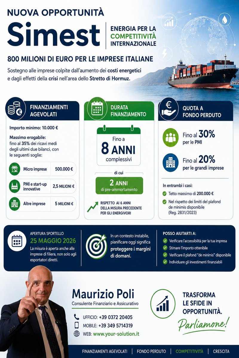 ouradvisor's tweet photo. ⚠️ Nuova misura SIMEST: 800 mln € per sostenere le imprese colpite da rincari energetici e crisi Hormuz
✔️ Finanziamenti fino a 5 mln €
✔️ Fondo perduto fino al 30% PMI
✔️ Durata fino a 8 anni
✔️ Accesso anche alle imprese di filiera
📞 3495714319
🌐 https://t.co/BjFCSTHHrQ https://t.co/irpEssSzPs