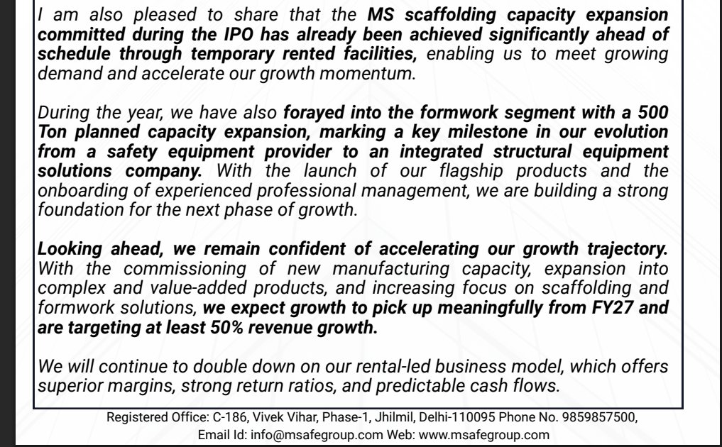 gaze_observer's tweet photo. Msafe Equipments Ltd (SME) H2FY26
#H2FY26 #Stockmarket #Nifty #Msafe
"we expect growth to pick up meaningfully from FY27 and are targeting at least 50% revenue growth." https://t.co/cjvwoiNOqh