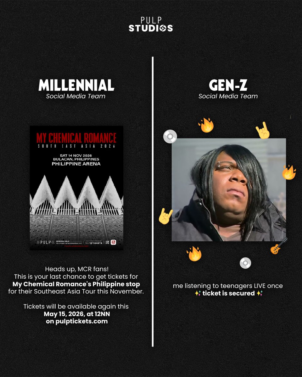 pulpstudiosph's tweet photo. Don't let teenagers scare the living shit out of you right before ✨ securing your MCR tickets ✨   
Don't miss your chance to see MY CHEMICAL ROMANCE LIVE on November 14, 2026, at PH Arena🖤
Tickets will be available again this May 15, 2026, at 12NN on https://t.co/5DlT8YaV9D https://t.co/GhxEHEKzWH