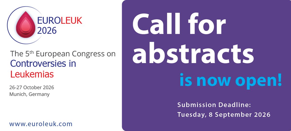 BiomedSharing's tweet photo. 📢 Abstract Submission Now Open for #EUROLEUK2026
https://t.co/gRseriLkHW
Topics include:
 🧬 AML, ALL, CML &amp; CLL
 🧪 Immunotherapy &amp; CAR-T
 🔬 MRD &amp; Molecular Profiling
 🩸 Stem Cell Transplantation
 💡 Novel Agents &amp; Clinical Cases
#Leukemia #Hematology #AML #CML #CLL https://t.co/tbb9jdyo8Q