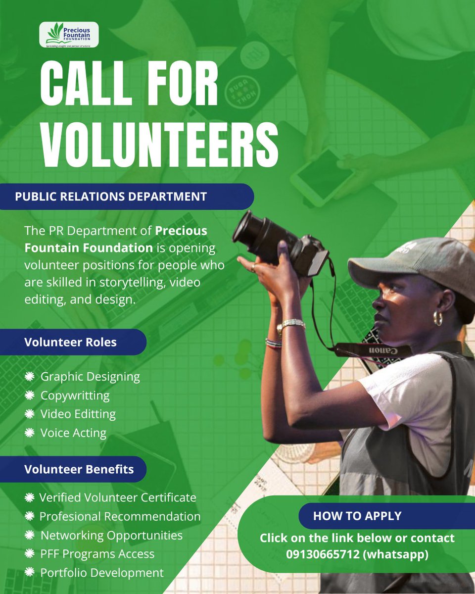 PFFNIGERIA's tweet photo. The PR department of Precious Fountain Foundation is opening volunteer positions for individuals skilled in storytelling, video editing, and design.
Do you want to volunteer with us?
Click on the link below 👇🏼
https://t.co/m61437swil
#GraphicDesign #VideoEditing #Copywritting https://t.co/y2OZnsBFyP