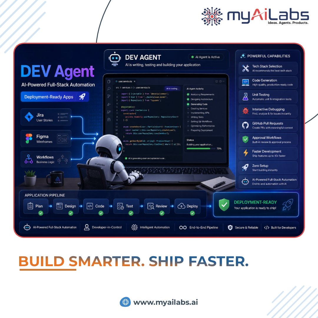 myAiLabs's tweet photo. @myAiLabs DEV Agent converts Jira stories &amp; Figma wireframes into deployment-ready full-stack apps — with AI-powered code generation, debugging &amp; GitHub PR workflows.

⚡ Faster Development
⚡ Zero Setup
⚡ Developer-in-Control
🌐 https://t.co/3xI37YvMtX
#myAiLabs #DEVAgent #AI https://t.co/DgpO4I2eTt