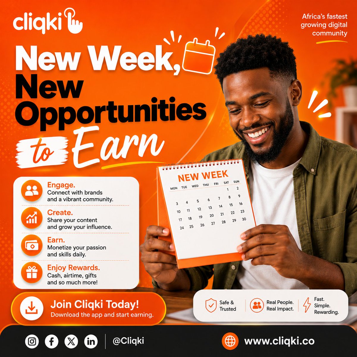 cliqki's tweet photo. Hey, everyone. It's a new week, and the new week comes with new opportunities to earn by engaging with content on Cliqki.
#Cliqki #earnmoneyonline #workfromhome #earnrewards #passiveincome https://t.co/pDReTMOqes