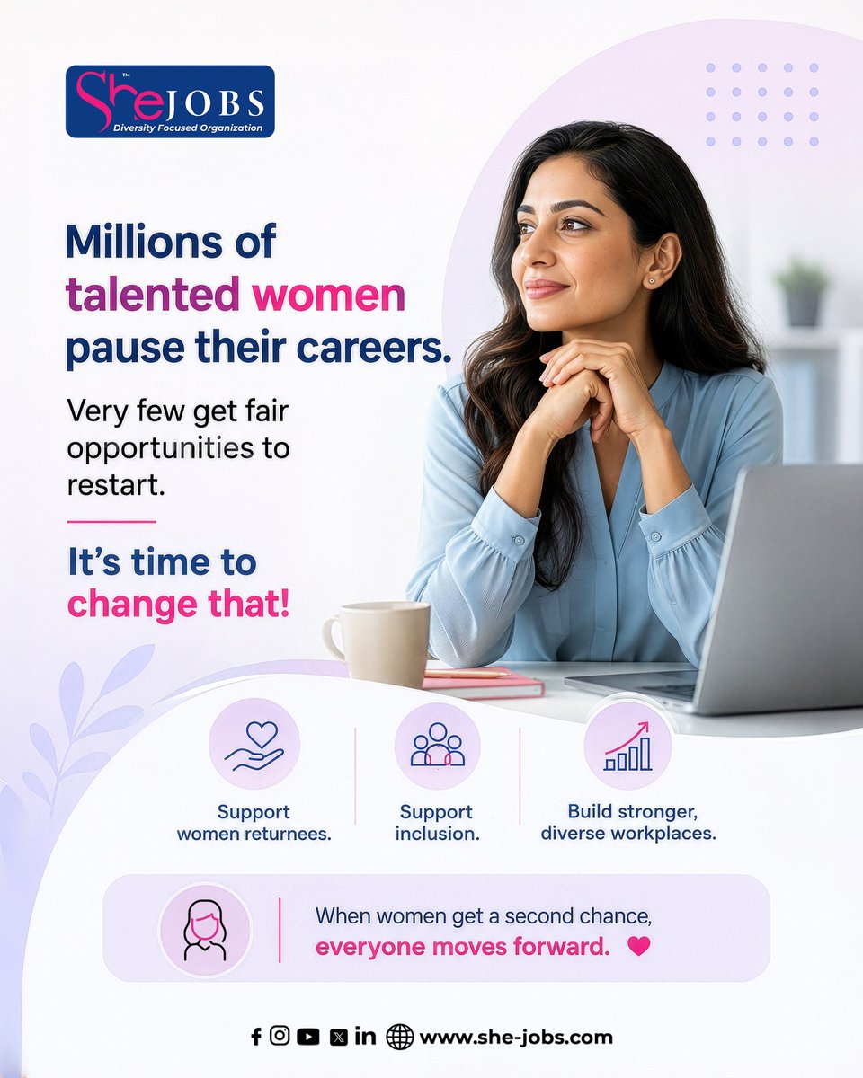 SheJobs's tweet photo. The real question is: Why are second chances still so difficult?

It’s time to create workplaces where women can restart, rebuild, and rise again. 

Join us in supporting women returnees and building truly inclusive workplaces. Visit https://t.co/FaYe3aRKE3

#womenatwork https://t.co/ovXvXAs3dp