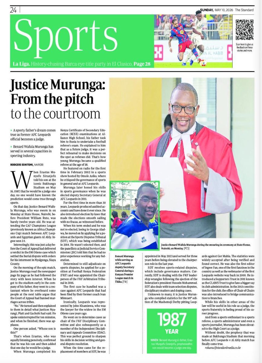 SDTKenya's tweet photo. Sharing this wonderful feature on Justice Bernard Wafula Murunga, immediate former Chairperson of the Sports Disputes Tribunal. https://t.co/tbnfuoKmjR