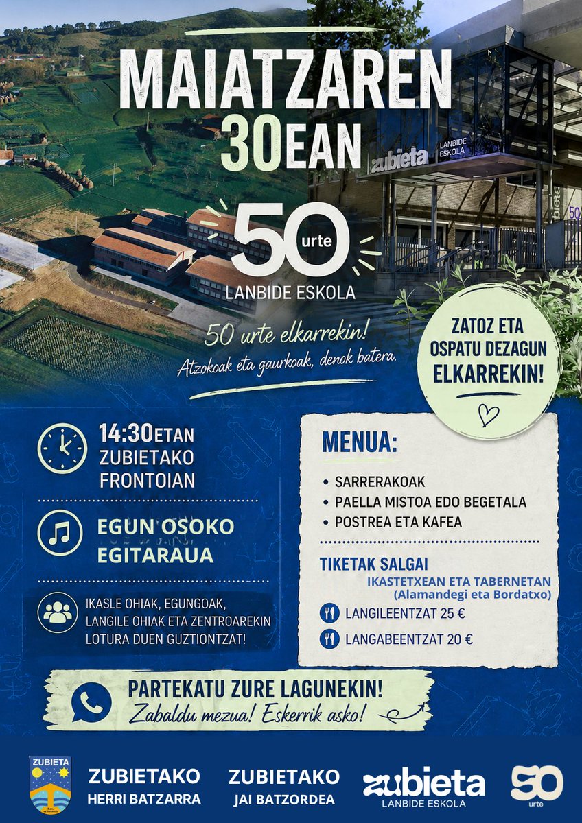 ZubietaLHII's tweet photo. 🎉 Zubieta Lanbide Eskolak 50 urte! 🎉

Maiatzaren 30ean festa egun handia ospatuko dugu Zubietan 🥳
🍽️ Bazkaria
🎶 Musika
🎊 Giro aparta
🎟️ Tiketak maiatzaren 25era arte:
📍 Eskolan
📍 Alamandegi eta Bordatxon
📢 Programa osoa laster!
#ZubietaLanbideEskola #50Urte💙 https://t.co/0tmVGiOyV7