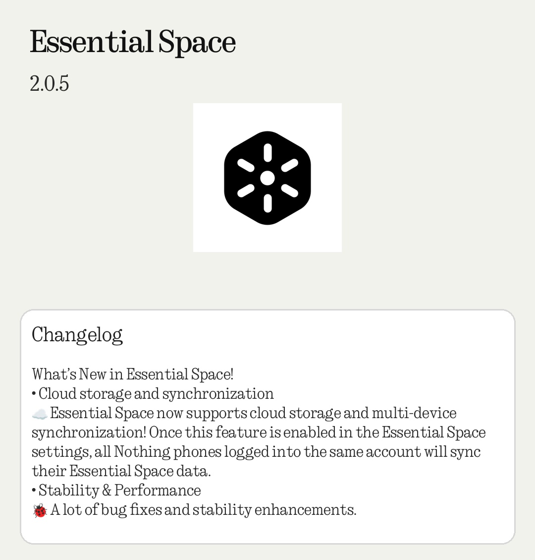 Nothing_Update's tweet photo. A new update is rolling out for Essential Space!
Version: 2.0.5

Download: https://t.co/si67Ljafpi https://t.co/NuJUaRNILq