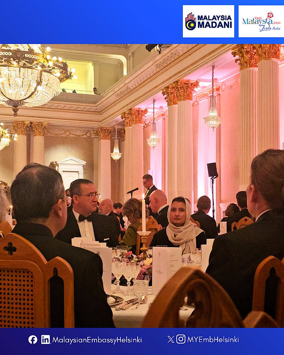 MYEmbHelsinki's tweet photo. Chargé d’Affaires a.i. of Malaysia to Finland, Mr. Al Fadil Adam, and his spouse, Mrs. Siti Fateha Khairudin, had the pleasure of attending the Annual Dinner for the Diplomatic Corps hosted by H.E. President of Finland, Alexander Stubb, at the Presidential Palace on 8 May 2026. https://t.co/i3snj2CD6U