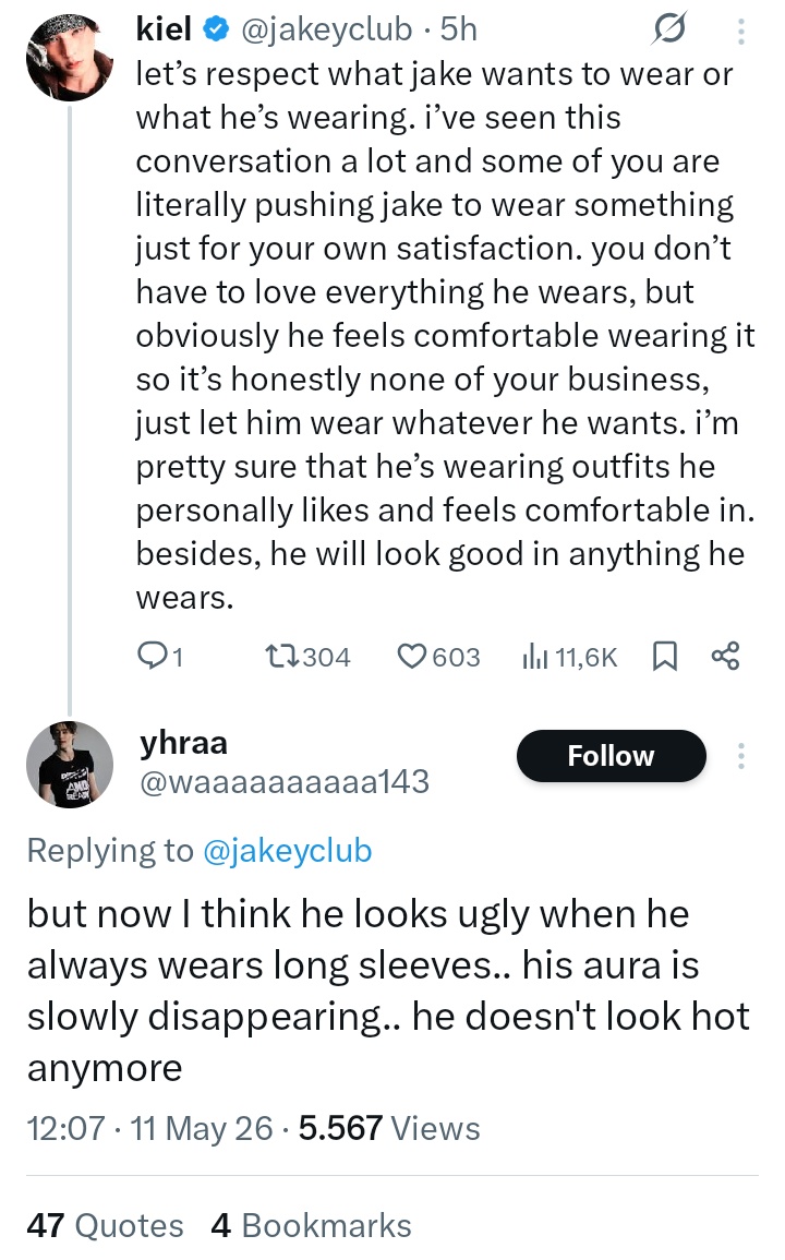 jakeyclub's tweet photo. calling someone ugly just because they wear long sleeves??? first, it’s his body, his style, his choice. he has free will to do whatever he wants with his style. besides, jake looks pretty, handsome, cute and hot whether he wears long sleeves or not, his aura never changes or fades. even the members themselves and people who have met him keep talking about how handsome jake is. just leave him alone, you weirdo.