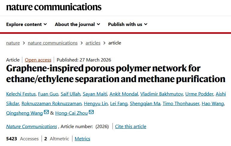 AnkitMondal760's tweet photo. Now published in @NatureComms 

Great work led by @KWFestus , introducing a graphene-inspired porous polymer network (PPN-20) with record-breaking performance for C₂H₆/C₂H₄ separation and CH₄ purification performance.

https://t.co/CkyzBWQziX

@TAMUChemistry 
@GroupZhou https://t.co/MxBe99p6Jz