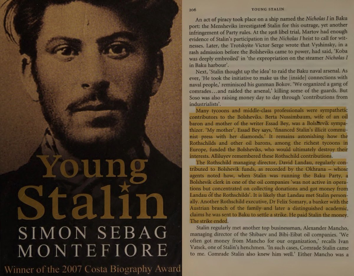 Pepe733745533's tweet photo. In the early 1900s, Stalin worked at a Rothschild refinery in Batumi, Georgia.

Later in Baku, while running the Bolshevik operation, he raised funds for the party through “donations” from oil tycoons, including the Rothschilds themselves.

The Rothschild managing director, David Landau, regularly contributed to Bolshevik funds. 

Okhrana records noted that a Bolshevik clerk under Stalin “concentrated on collecting donations and got money from Landau of the Rothschilds.”

Another Rothschild executive even paid Stalin directly to settle a strike.

Source: Simon Sebag Montefiore, Young Stalin. 

https://t.co/N0RdxbZR7U