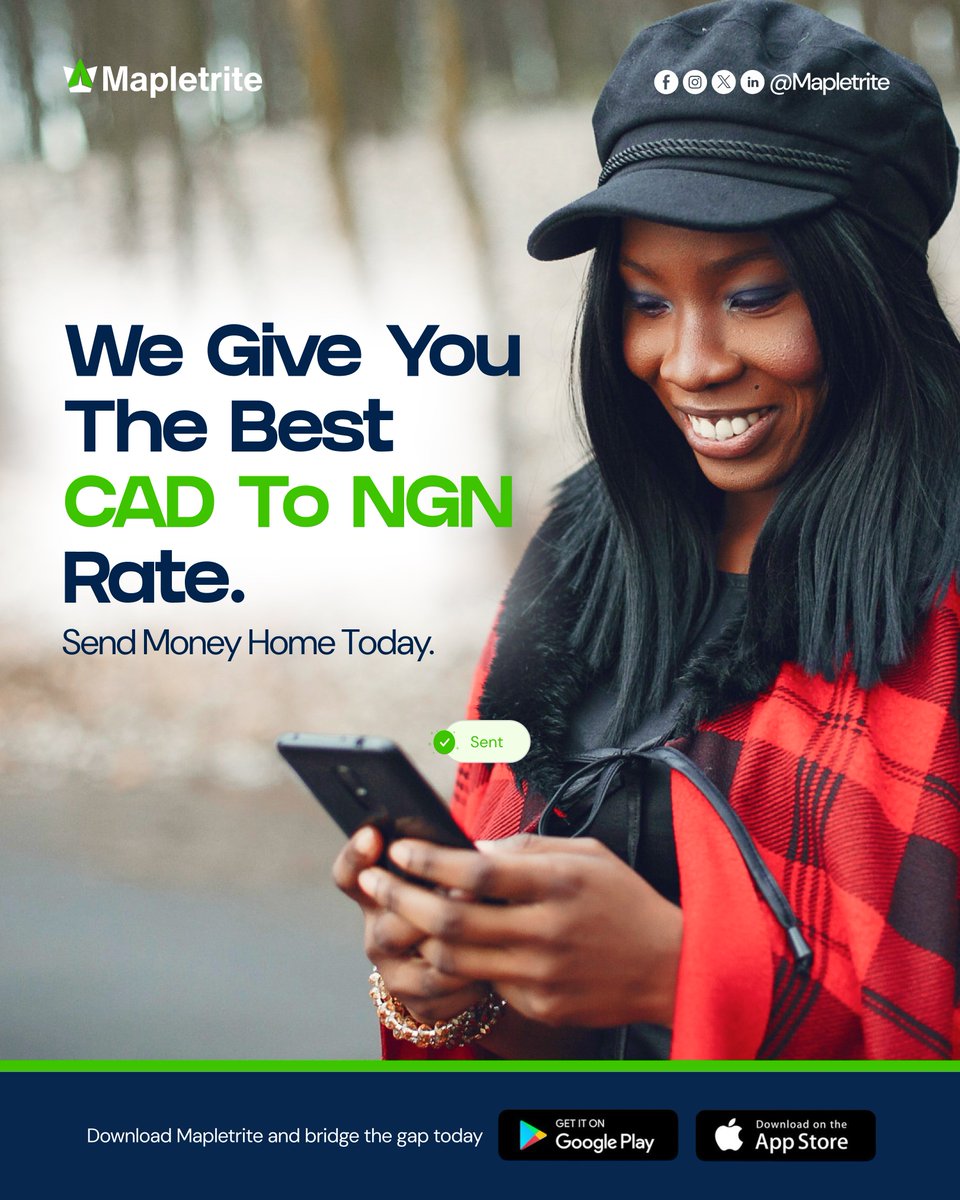 mapletrite's tweet photo. Sending money home should be fast, easy, and worth every dollar.
With Mapletrite, you get great CAD to NGN rates and seamless transfers to your loved ones in Nigeria.
Download Mapletrite today and send with confidence.
#Mapletrite
#SendMoneyHome
#CADtoNGN
#DiasporaMoneyTransfer https://t.co/jE8UVEGyn7