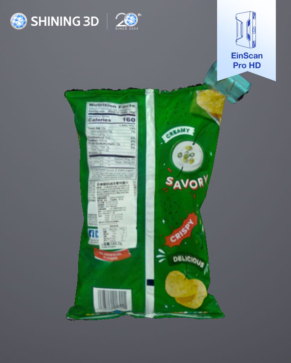 CREATE_EDU_PROJ's tweet photo. Who knew a potato chips bag could be this photogenic? 😎
With @Shining3D EinScan Pro HD, tiny wrinkles, creases &amp; colours pop in 3D 🍟 Perfect for packaging checks or creative archiving.

👉Explore the scan data: https://t.co/2KdWDpSsSA https://t.co/qBl05b8WJW