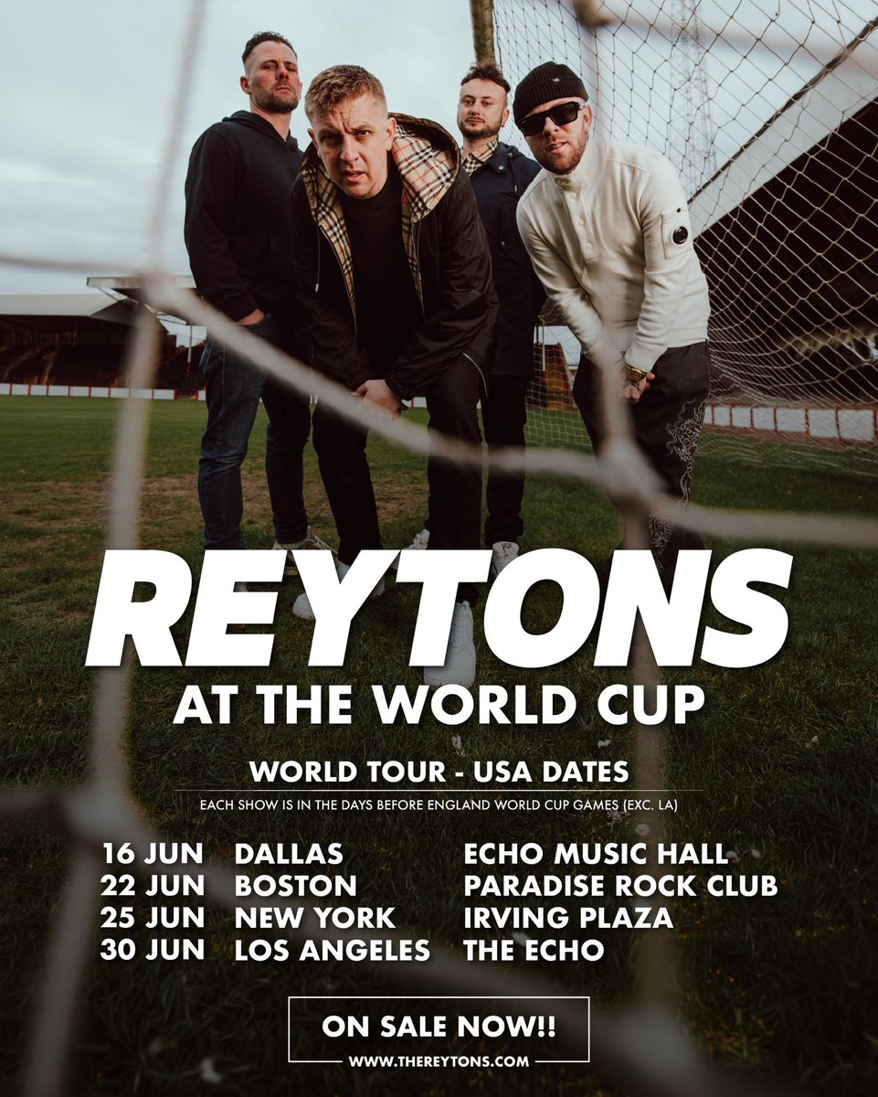 TheReytons's tweet photo. USA TICKETS ON SALE NOW!!! 🇺🇸

We’re heading to North America during the World Cup next month!! Catch us in Dallas, Boston &amp; New York around the England games! Oh, and LA… because… it’s LA, and we love a beer in the sun!! See you soon USA!!! #AllReytons https://t.co/tcWDcx5cla