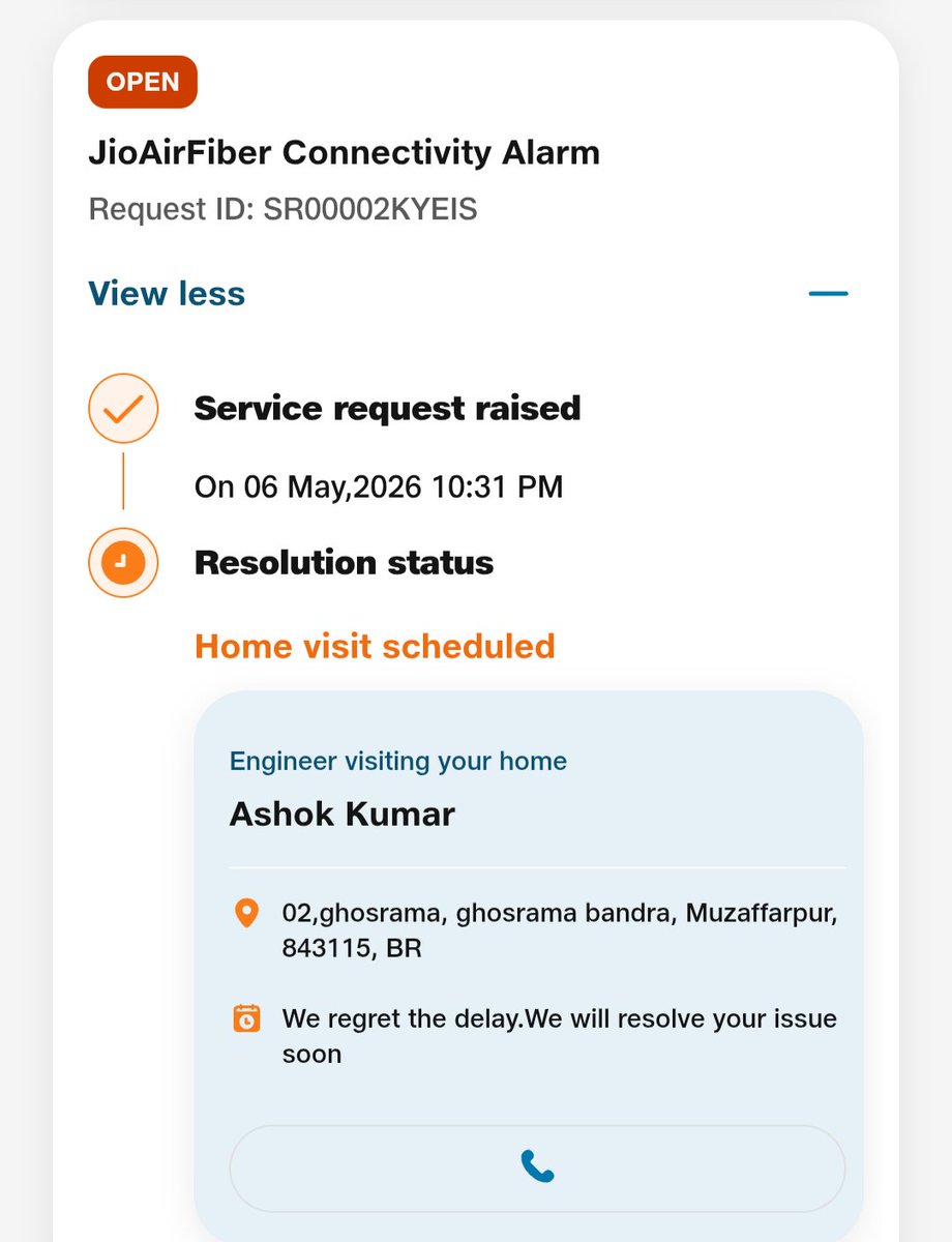 Shubhashu_'s tweet photo. Over 1 week without JioAirFiber service. Engineer visit keeps getting rescheduled, but no actual visit or resolution yet. Very poor support experience. Kindly resolve urgently.
Request ID: SR00002KYEIS
#JioAirFiber @JioCare @reliancejio #PoorService #CustomerSupport https://t.co/uQHKfMT8ir