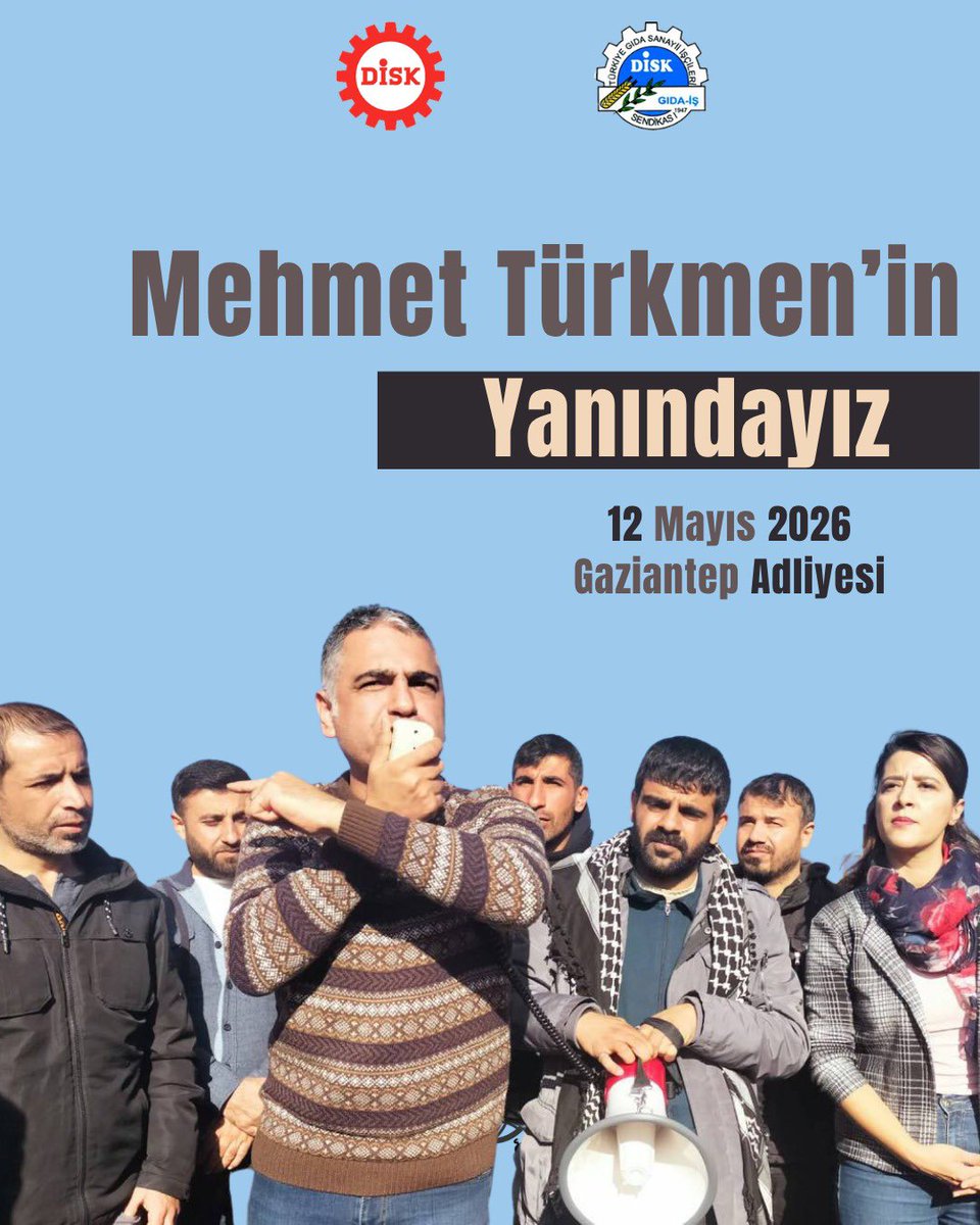 diskgidais's tweet photo. Sendikal haklarımıza ve Örgütlenme hakkımıza sahip çıkıyoruz!
@birlesiktekstil Genel Başkanı Mehmet Türkmen  Tekstil patronlarının talebiyle 60 güne yakındır tutuklu.
İş cinayetlerinde hayatını kaybeden,elini,kolunu gözünü kaybeden işçilerin  hesabının sorulmadığını dile getirdiği için tutuklandı.
Bu haksız hukuksuz tutuklama bir an önce son bulmalıdır.

Genel Başkanımız Olcay Ozak'ın
katılımıyla Mehmet Türkmen’in duruşmasında buluşuyoruz!

📍 Gaziantep Adliyesi
🕥 10.15 Basın açıklaması
🕚 11.15 Duruşma

#MehmetTürkmenSerbestBırakılsın