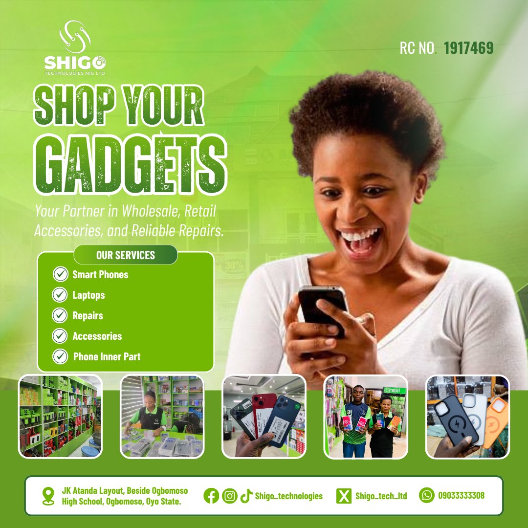 shigo_tech_LTD's tweet photo. Shop smart and upgrade your gadgets with Shigo Technologies 💚
We offer smart phones, laptops, accessories, repairs, and quality phone inner parts at great prices. Visit us today 📱✨

University of Benin Cowrywise Raya  Chike #ShigoTechnologies #TechStore #GadgetShopping https://t.co/7F6rewUjet