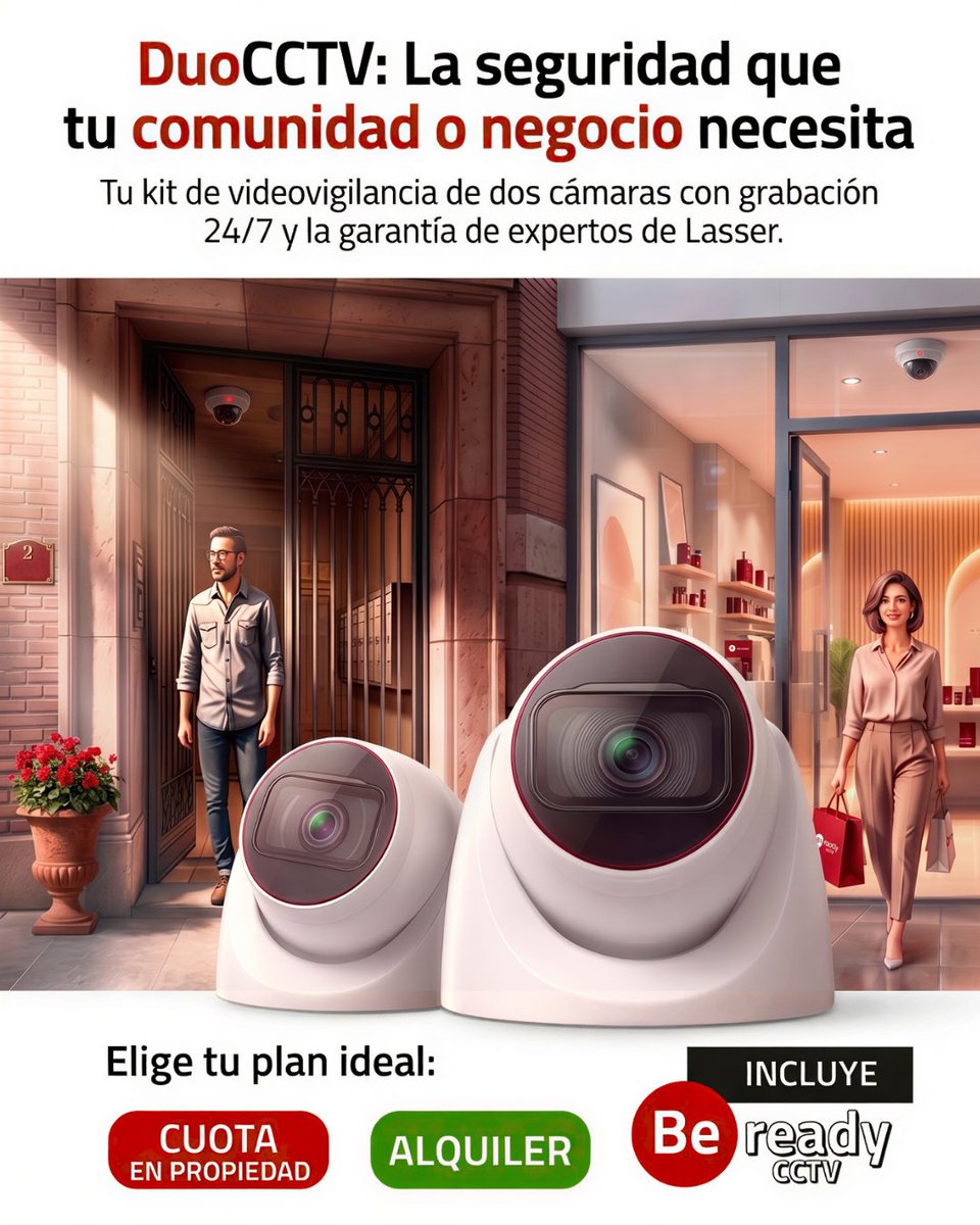 grupolasser's tweet photo. 📹 ¿Cámaras que no graban cuando las necesitas? Las comunidades y los comercios en #Madrid necesitan fiabilidad. Con DuoCCTV tienes:

👁️ Aviso de fallos 24/7
🎯 2 cámaras HD + 1TB
⚖️ 100% legal (RGPD)
💶 Financiación o alquiler

¿Lo ponemos en marcha?
https://t.co/WNimT1FkHj https://t.co/WZ3nhNyW2p