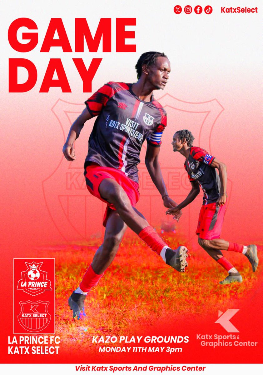 katxselect's tweet photo. GAME DAY

Match: La Prince FC vs Katx Select  
Date: Monday, 11th May  
Time: 3 PM  
Venue: Kazo Play Grounds  

Organized by: Katx Sports &amp; Graphics Center  
Social Media: KatxSelect (X, Instagram, Facebook, TikTok)  

Visit Katx Sports And Graphics Center https://t.co/mOPGYqtGxx