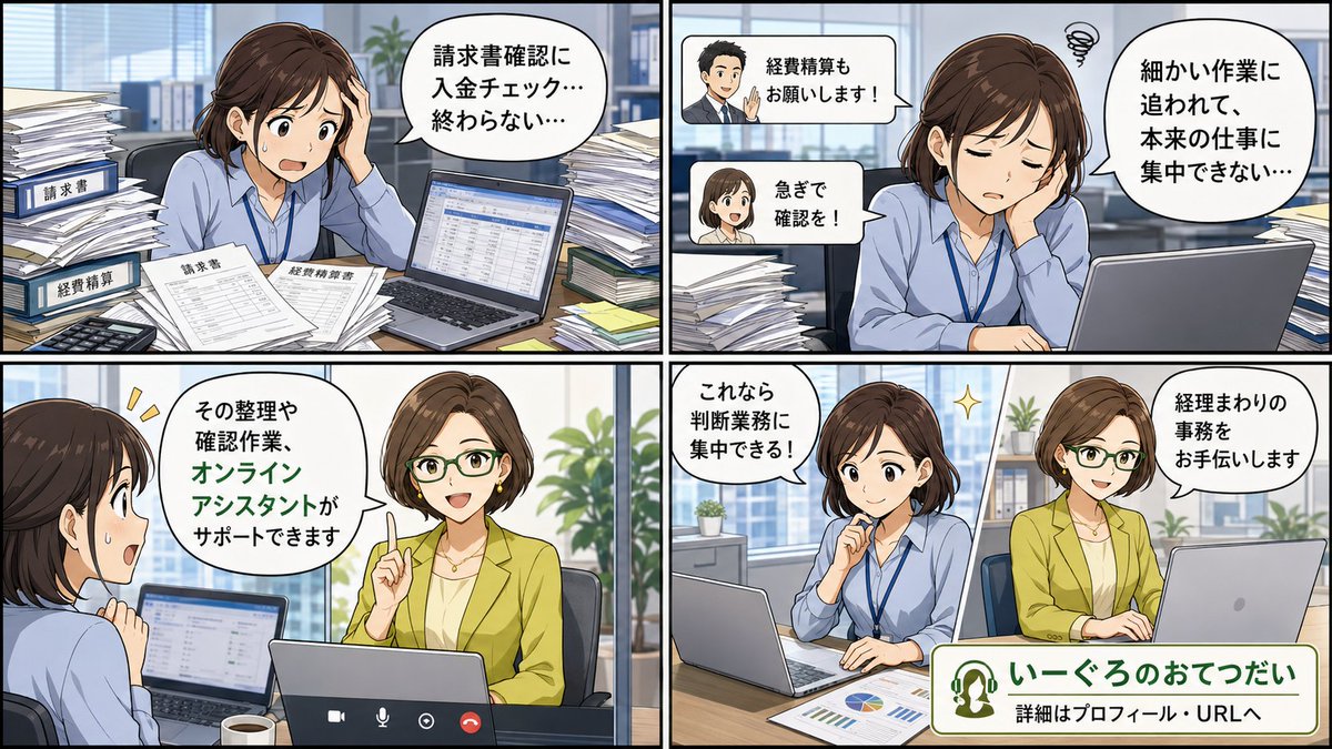 eGlobal_inc's tweet photo. 月末月初の請求書確認、入金チェック、経費精算。細かい作業に追われていませんか？
オンラインアシスタントなら、整理や確認作業をサポート。
経理担当者は判断業務に集中できます。
「いーぐろのおてづだい」をチェック👉https://t.co/p34GzB7yPO https://t.co/a8C7ctUh17