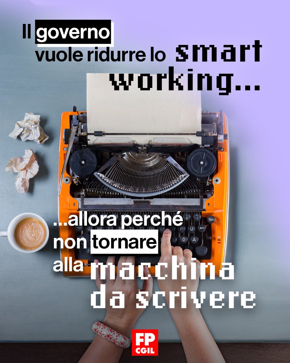 FpCgilLombardia's tweet photo. IL GOVERNO VUOLE RIDURRE LO #SMARTWORKING…
ALLORA PERCHÉ NON TORNARE ALLA MACCHINA DA SCRIVERE! 😅🤦🏼‍♀️

Un ritorno al passato incomprensibile.

✍🏼 FIRMA LA PETIZIONE PER DIFENDERE IL DIRITTO ALLO SMART WORKING: https://t.co/ERICUbqO7t https://t.co/U2Uxm72NML