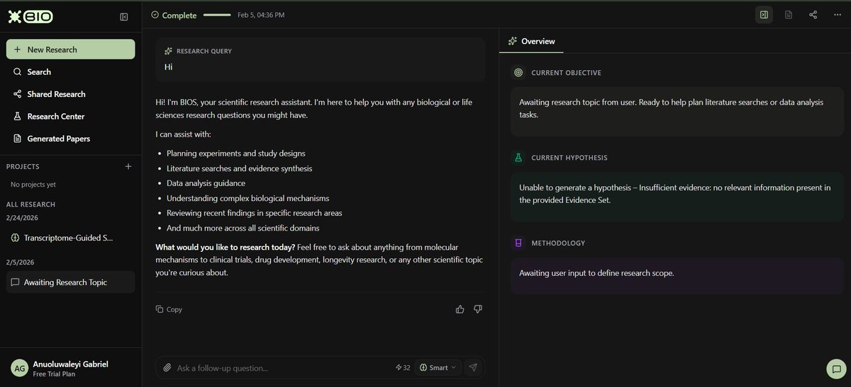 Thismrcy11's tweet photo. I know everyone’s eyes are glued to the PeptAI Ignition Sale on Bio launchpad right now, and for good reasons. 

It hit 100% of the 50K USDC goal in no time, now sitting at a crazy 16.4X oversubscription with over 822K USDC and 590M+ BioXP contributed.  

But while the sale is popping off, a lot of us are not paying attention to something equally bigger that’s already live and shipping: BIOS.

BIOS (https://t.co/T7tZTDZvZl) is Bio Protocol’s autonomous AI Scientist which is your personal research assistant for complex biomedical questions.

It was launched late January 2026 and has quickly become one of the most advanced tools in DeSci. 

What it does:
• Orchestrates Literature + Data Analysis agents that actually read papers, refine hypotheses, run Python code, and build persistent memory across sessions

• Modes from Steering (you control every step) to Autonomous Deep (runs for hours)

• Currently #1 on BixBench with 48.78% accuracy beating much bigger models  In the screenshot you can see it greeting you and listing everything it can help with: 

experiment planning, evidence synthesis, mechanism understanding, clinical trials, drug development, longevity research… basically anything in life sciences.

This is the real agentic science layer powering tools like PeptAI. While the sale funds the next breakthroughs, 

BIOS is the engine actually doing the science right now.

If you’re into DeSci, don’t just partake in the sale, go try BIOS too (free for .edu emails in early access).

Still a few days to participate in the @peptai_  sale: pledge your BioXP + USDC on the launchpad before it closes. @BioProtocol