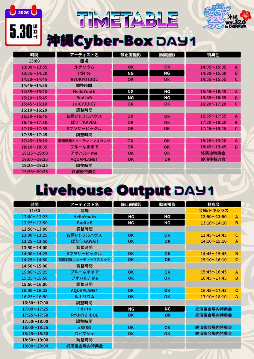 ﾀｲﾑﾃｰﾌﾞﾙ & ﾁｹｯﾄ詳細解禁／ mini ちかっぱ祭 ver.32.0 in OKINAWA