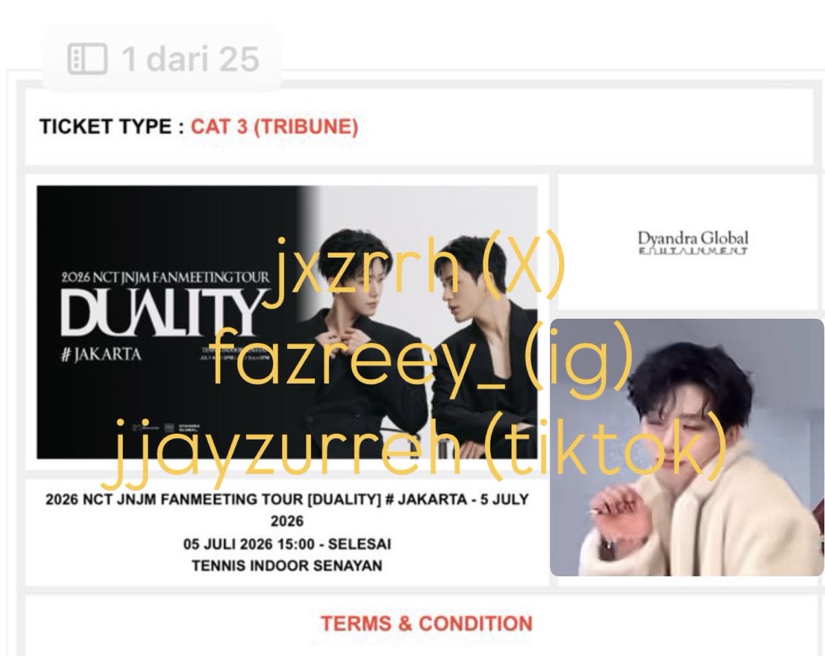 WTS Fanmeet NCT JNJM DUALITY

CAT 3 (presale) - DAY 2
Fullpayment 
Mutualan wa, ig, tiktok, x
Send KTP
Price? 3 juta

Dijual karena mau nonton Konser THE WEEKND😭