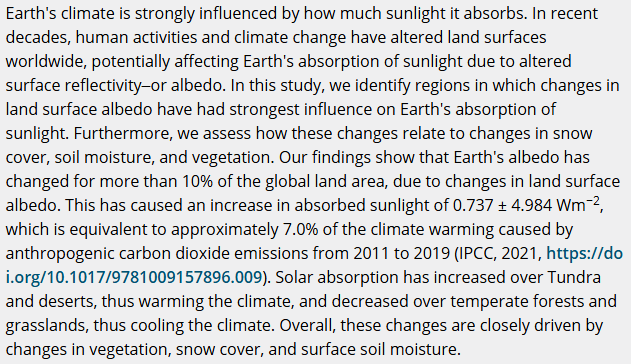SkogRover's tweet photo. New paper by Eirik Næsset Ramtvedt showing how changes in regional land surface albedos have altered the planetary albedo during the 21st century. Read it now in @EarthsFutureEiC: https://t.co/Th7JIW9qHM https://t.co/SEF5bz095R