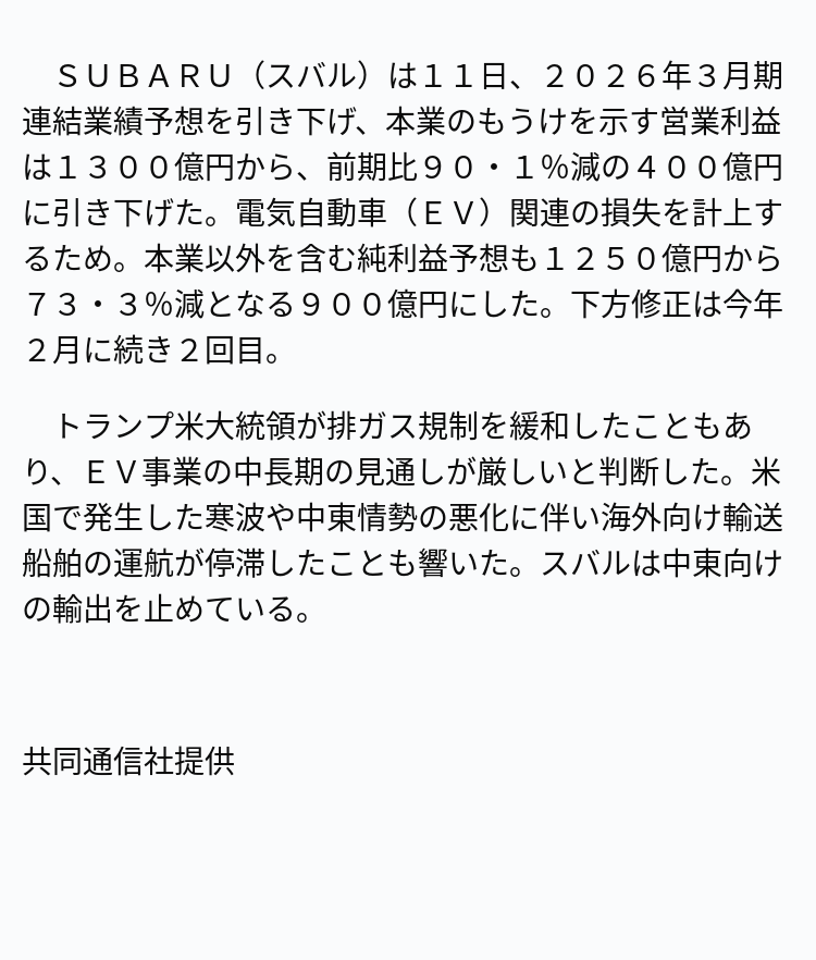 速報】スバル、営業利益予想90％減 ※記事は投稿時点の内容です