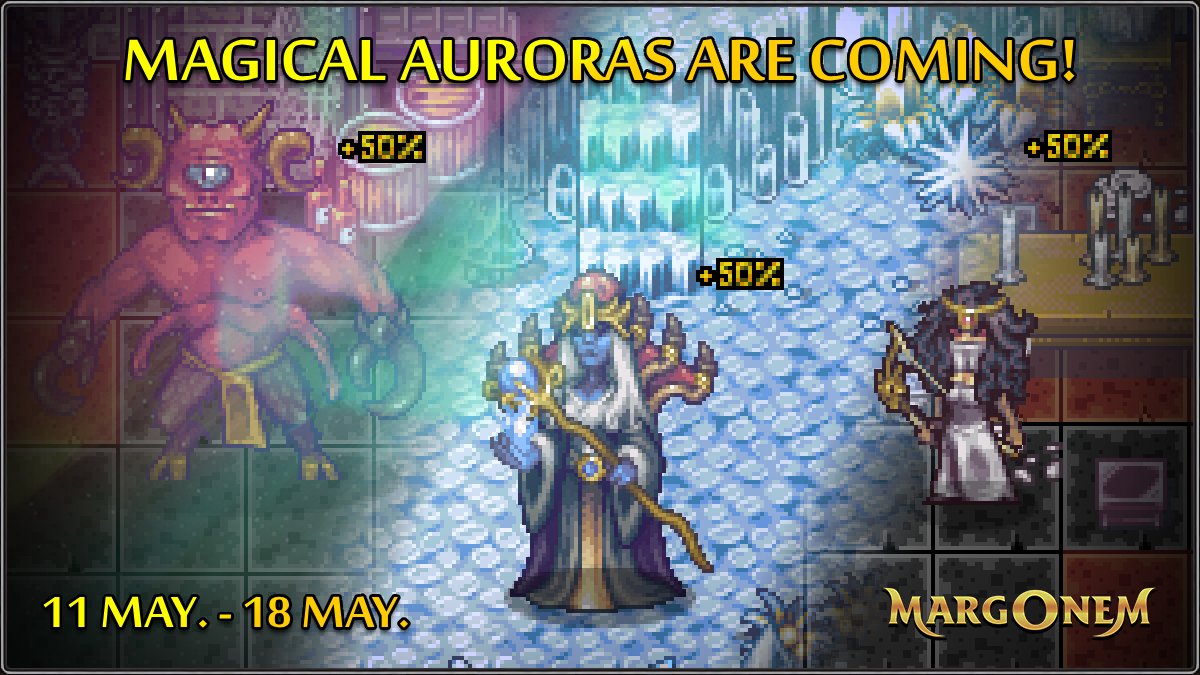 margonemcom's tweet photo. Announcement from the Guild of Inventors in Thuzal: The magical auroras are coming! 📢 Elites II with the professions of mage and tracker have a 50% increased chance to drop legendary loot for the next week! 🔮✨ The exact list of monsters is available on the Game’s Technical Blog! 📜

#MargonemCOM #MMORPG #rpg #pixelart